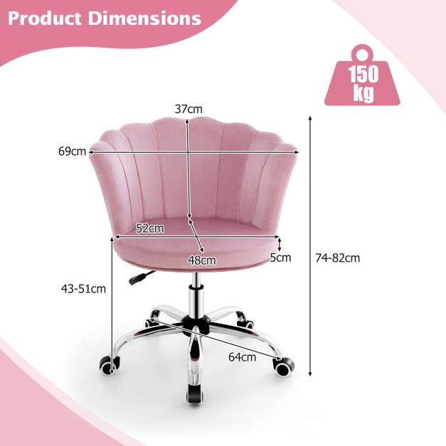 Velvet Office Chair, Height Adjustable Swivel, Pink