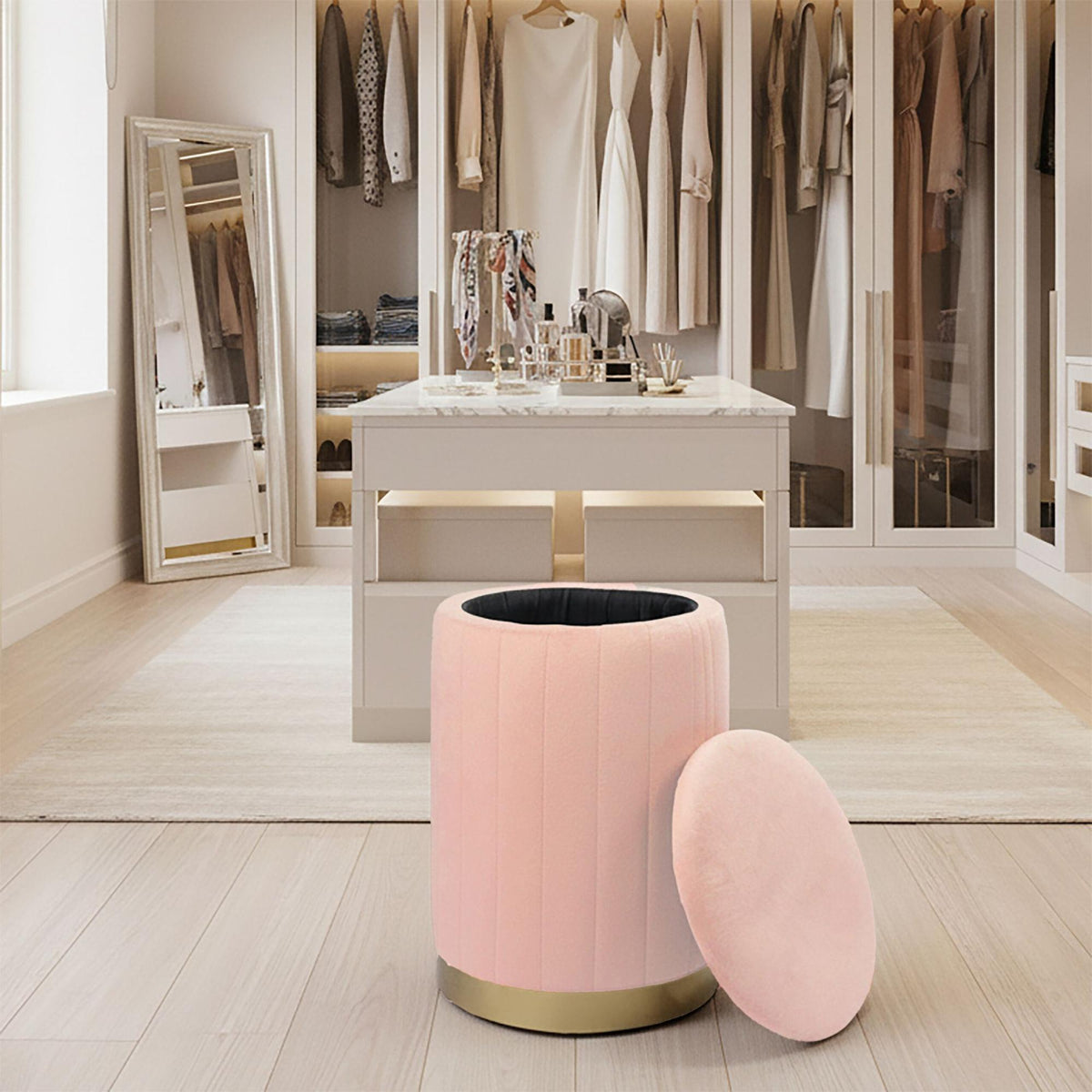 Velvet Storage Stool with Padded Lid and Gold Base
