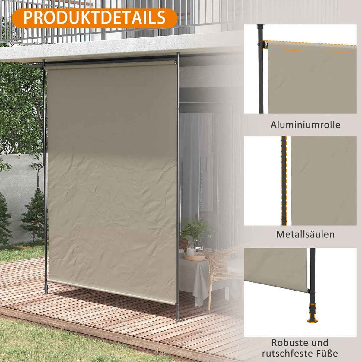 Vertical Awning, 200 X 292 Cm Vertical Awning, Retractable Sun Protection, Adjustable Side Awning, Wind Protection, Aluminum, Sand