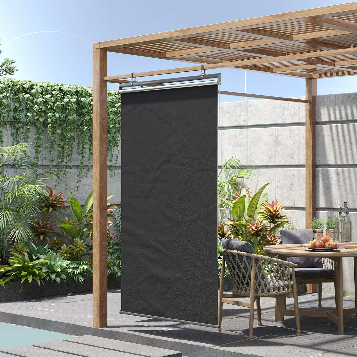 Vertical Awning Balcony Privacy Screen With Sun Protection, 124 X 222Cm Balcony Blind With Hooks, Privacy Screen For Pavilion, Pergola, Polyester, Dark Gray