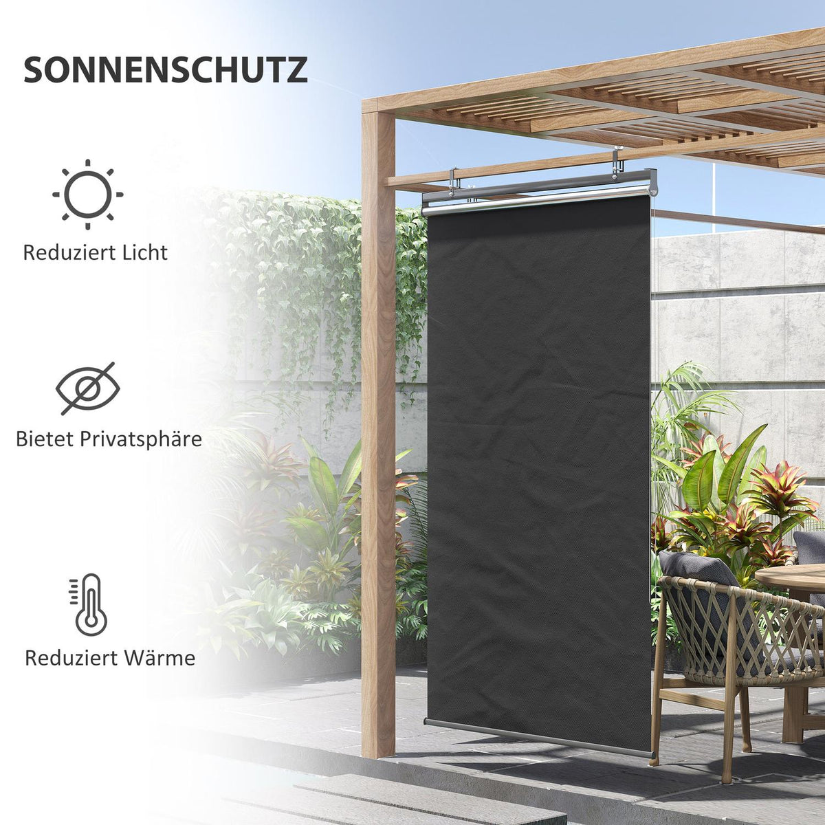 Vertical Awning Balcony Privacy Screen With Sun Protection, 124 X 222Cm Balcony Blind With Hooks, Privacy Screen For Pavilion, Pergola, Polyester, Dark Gray