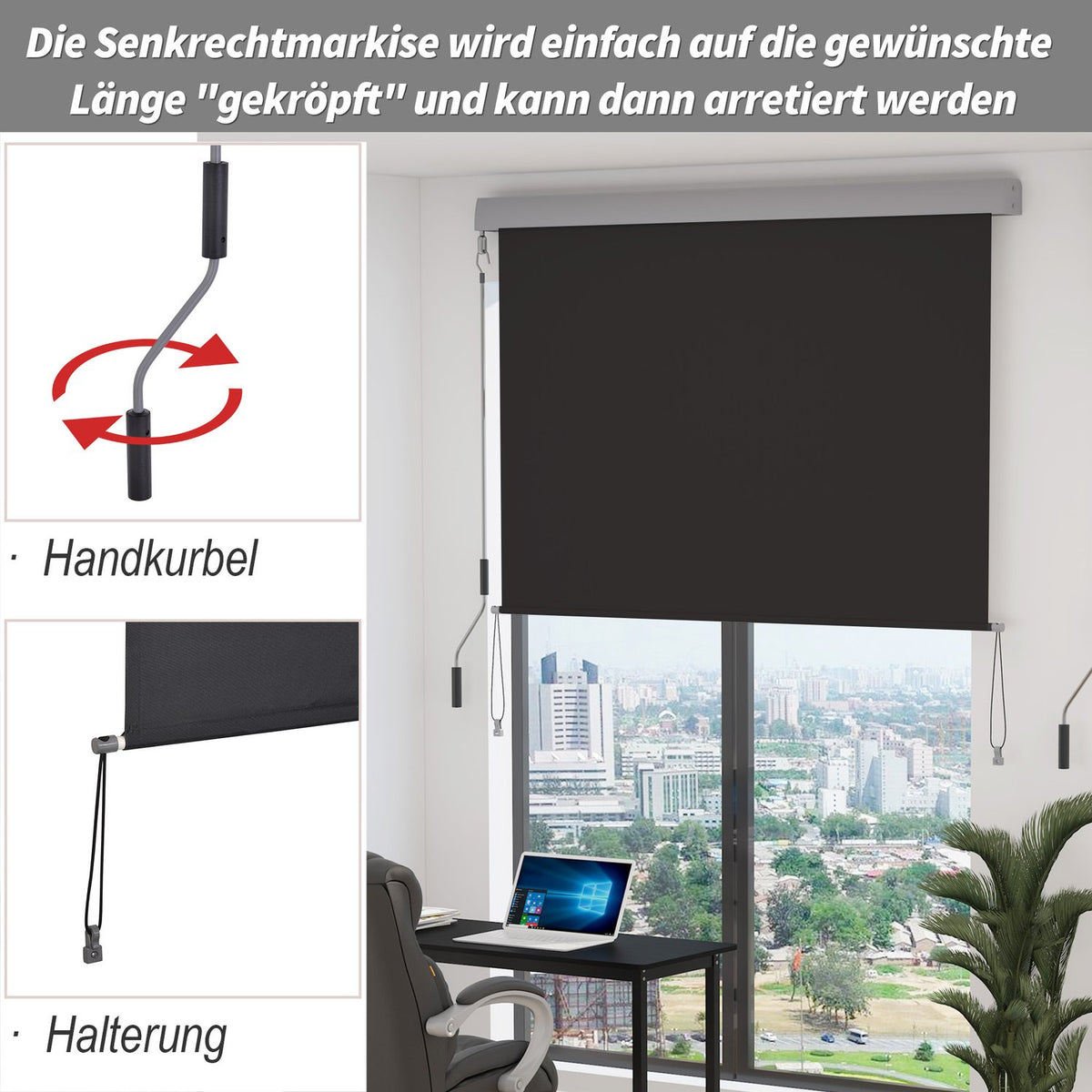 Vertical Awning Balcony Wind Protection And Privacy Screen, Hand Crank, Polyester + Aluminum, 100X140Cm