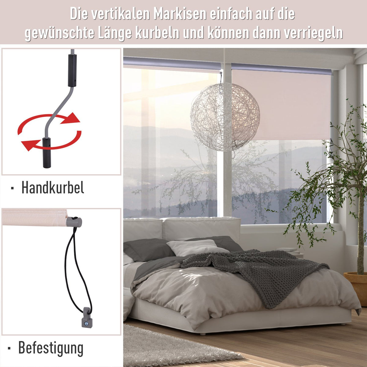 Vertical Awning Balcony Wind Protection And Privacy Screen, Hand Crank, Polyester + Aluminum, Cream White, 140X250Cm