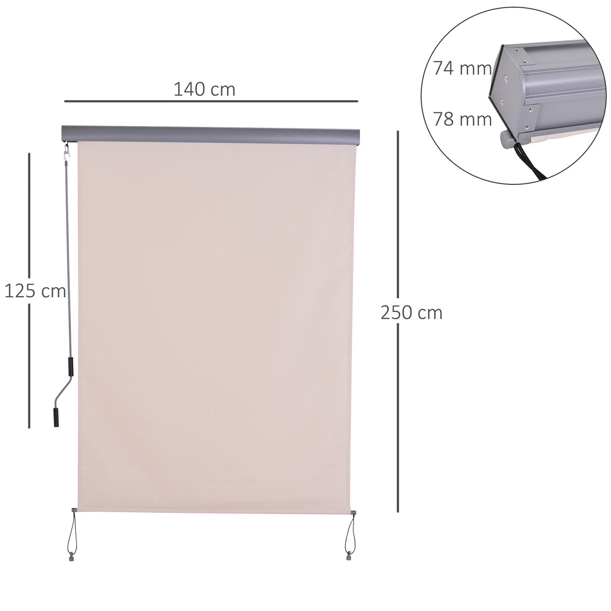 Vertical Awning Balcony Wind Protection And Privacy Screen, Hand Crank, Polyester + Aluminum, Cream White, 140X250Cm