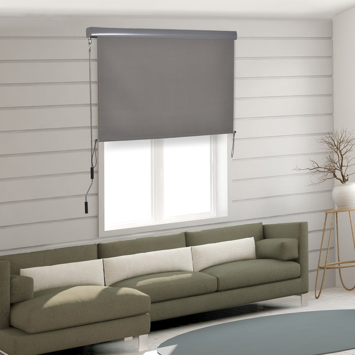 Vertical Awning Balcony Wind Protection & Privacy Screen, Hand Crank, Polyester+Aluminum, Grey, 140X250Cm