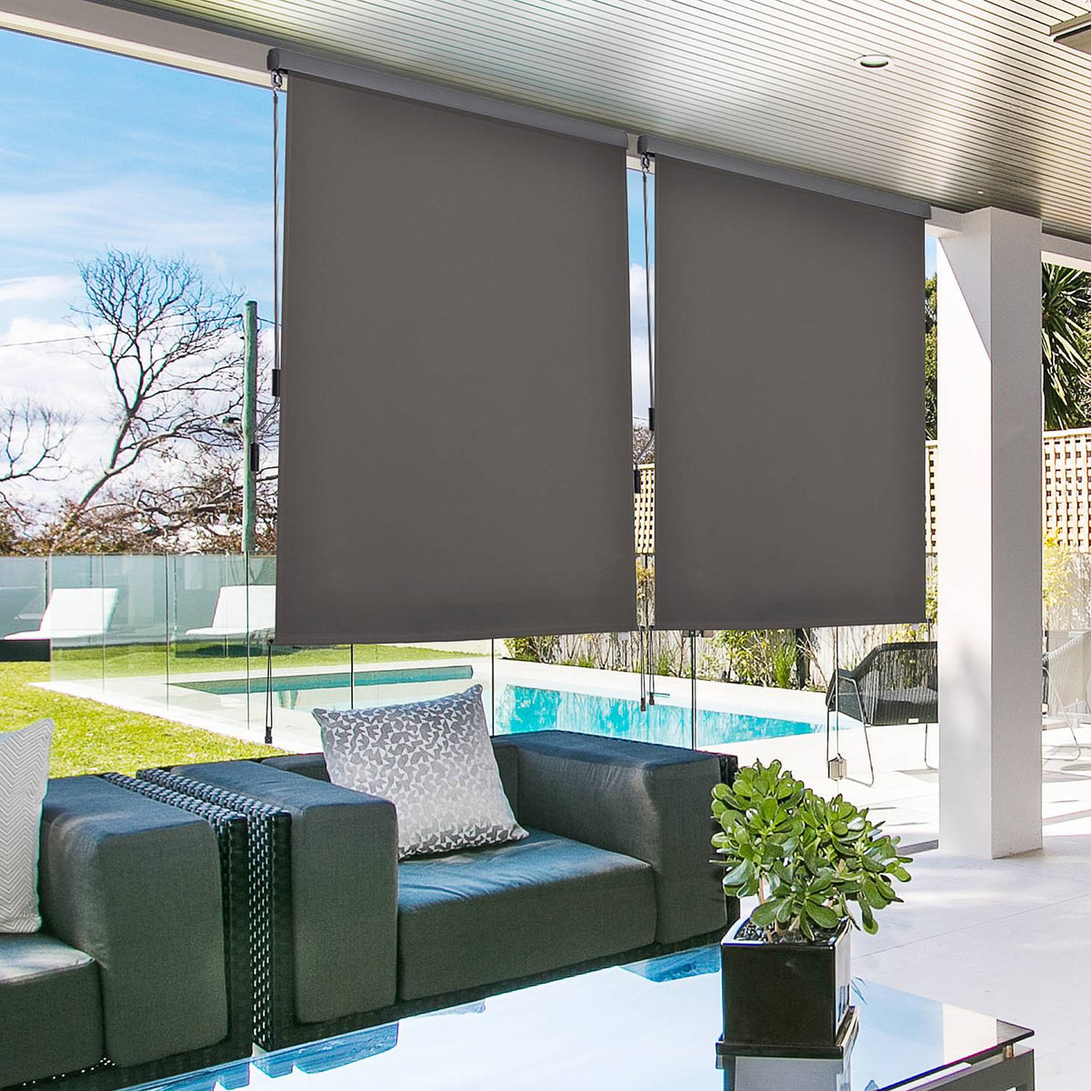 Vertical Awning Balcony Wind Protection & Privacy Screen, Hand Crank, Polyester+Aluminum, Grey, 160X250Cm
