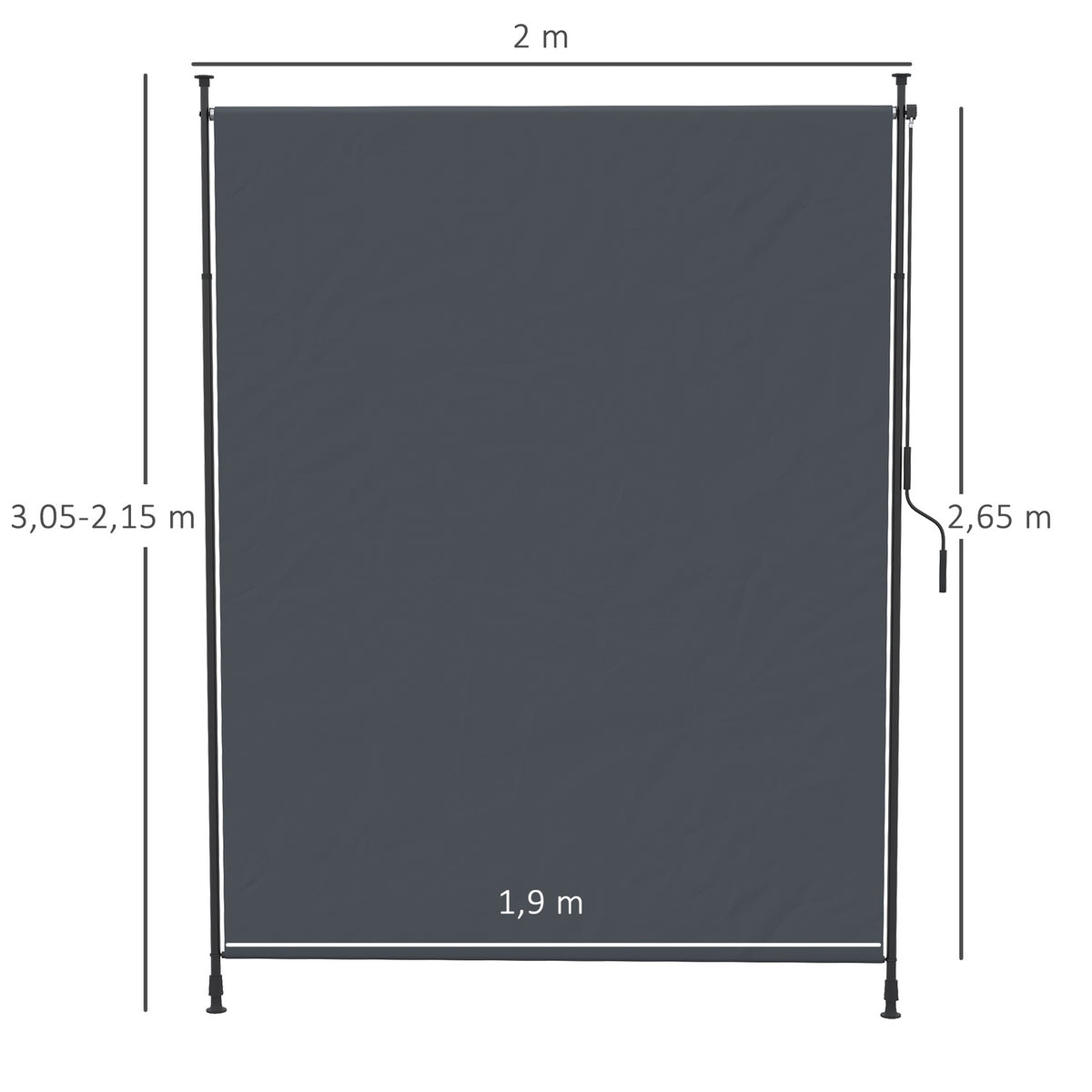 Vertical awning 200 x 292 cm, vertically retractable with adjustable sun protection made of gray aluminum for terraces and balconies
