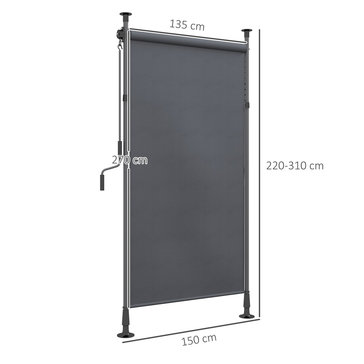 Vertical awning balcony blind 150 x 220-310cm with crank, weatherproof balcony privacy screen made of polyester in dark gray for garden