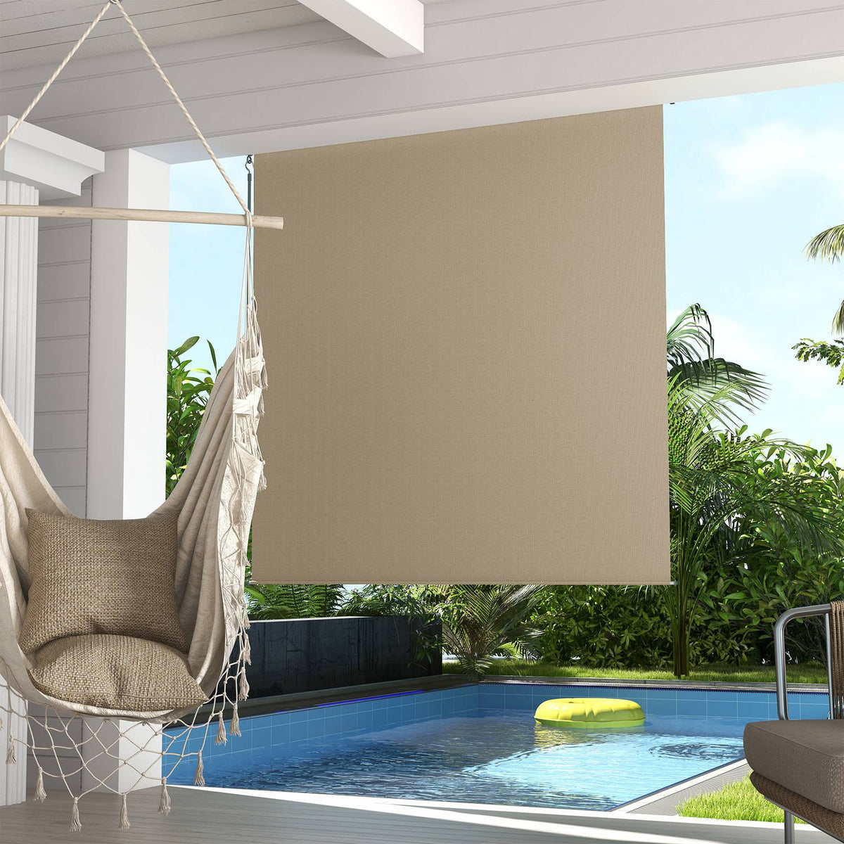 Vertical awning balcony roller blind, 183 x 185 cm external roller blind, blackout roller blind with hand crank, privacy screen for pavilion, garden, beige