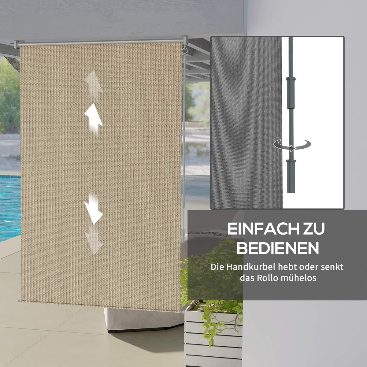 Vertical awning balcony roller blind with hand crank, 120 x 185 cm outdoor roller blind, blackout roller blind, privacy screen for pavilion, garden, beige