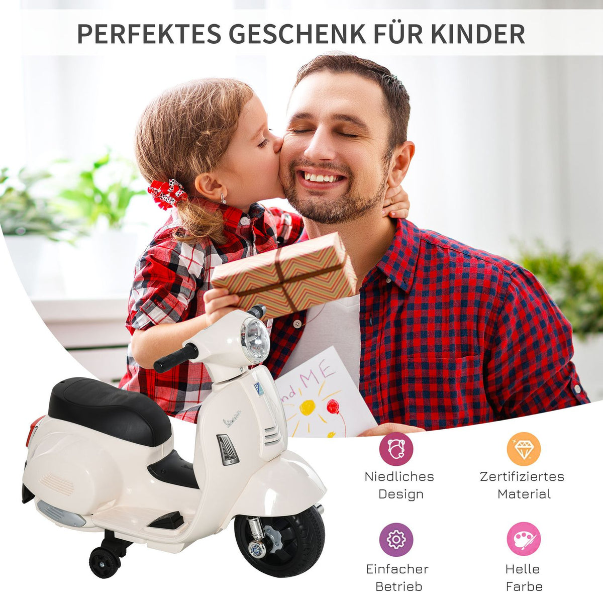 Vespa Electric Motorcycle Children'S Motorcycle, 18-36 Months, 3 Km/H, Led Light & Sound, Pp Plastic & Metal, White, 66.5X38X52Cm
