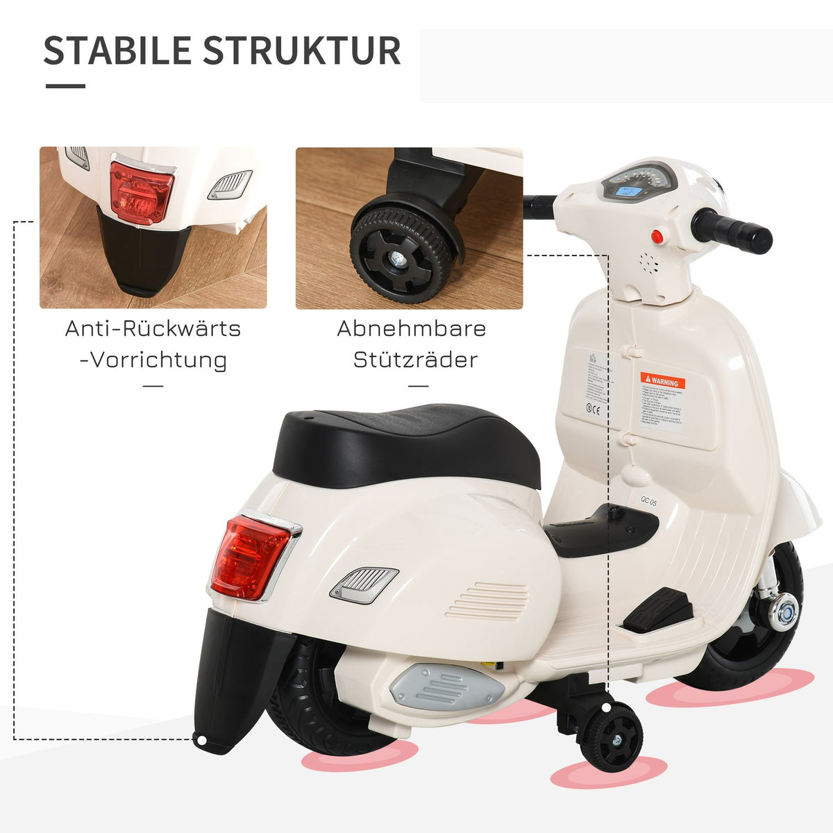 Vespa Electric Motorcycle Children'S Motorcycle, 18-36 Months, 3 Km/H, Led Light & Sound, Pp Plastic & Metal, White, 66.5X38X52Cm