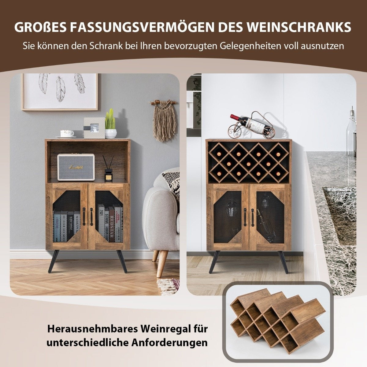 Vintage wine cabinet with removable wine rack, bar cabinet for 11 wine bottles and 9 wine glasses, brown