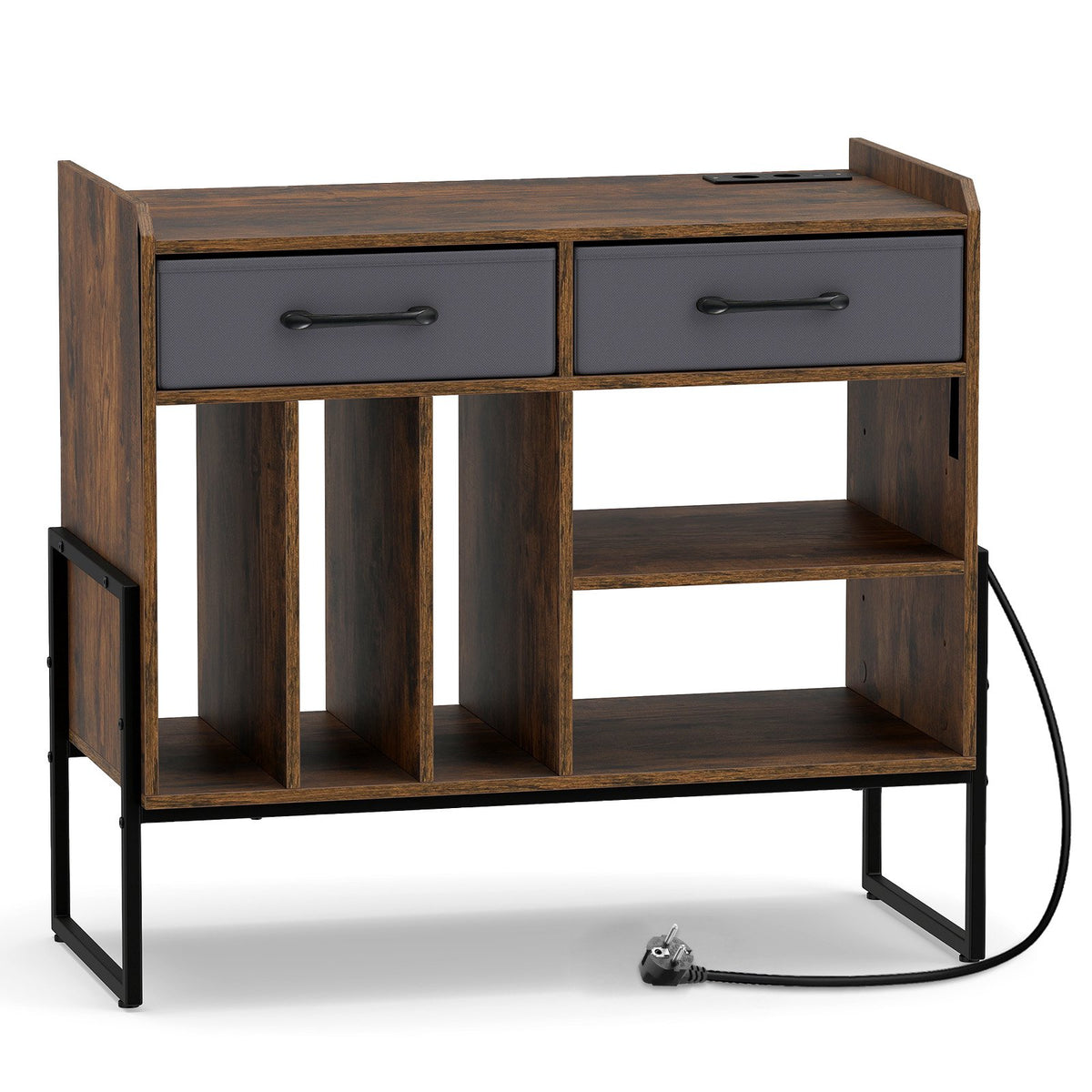 Vinyl Record Stand with Outlets & USB, Brown, Retro Charm