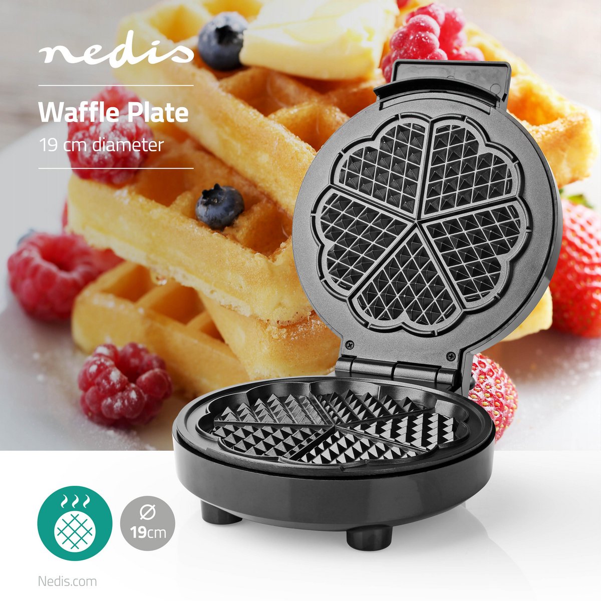 Waffle Iron | 5 Heart shaped waffles | 19 cm | 1000 W | Automatic temperature control | Aluminum / Plastic