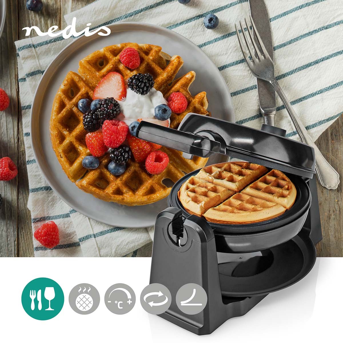 Waffle Iron | Belgian Waffles | 17 cm | 1000 W | Automatic temperature control | ABS / Stainless steel