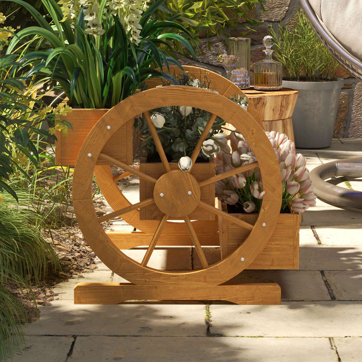 Wagon Wheel Flower Box 61 x 62 x 57 cm Weather Resistant Water Repellent 3 Tier Drainage Holes Fir Wood Teak