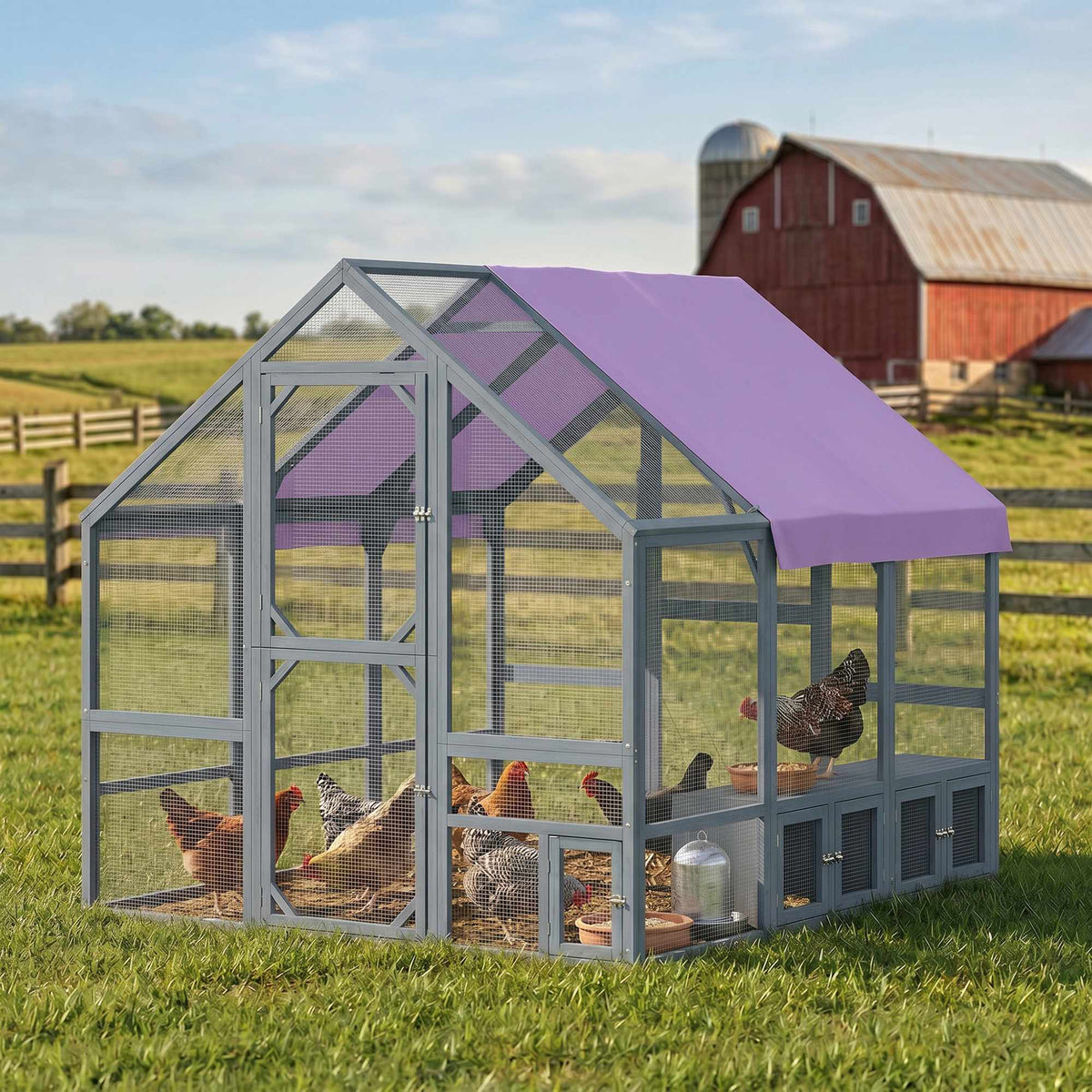 Walk-In Wooden Chicken Coop with Cover, 2 Nest Boxes, 8-10 Hens