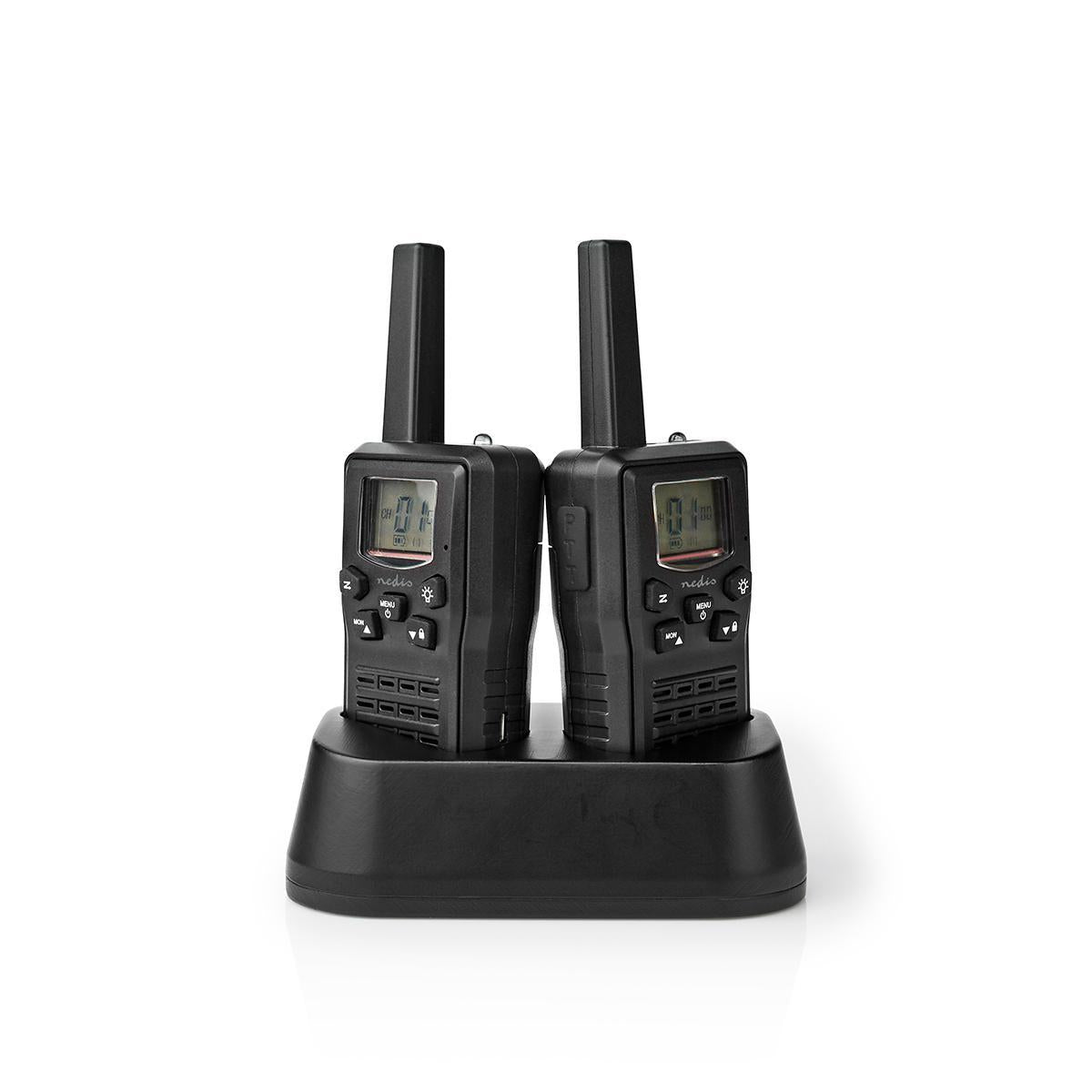 Walkie Talkie Set | 2 handsets | Up to 10 km | Frequency channels: 8 | PTT / VOX | Up to 6 hours | Charging base included | Headphone jack | Black