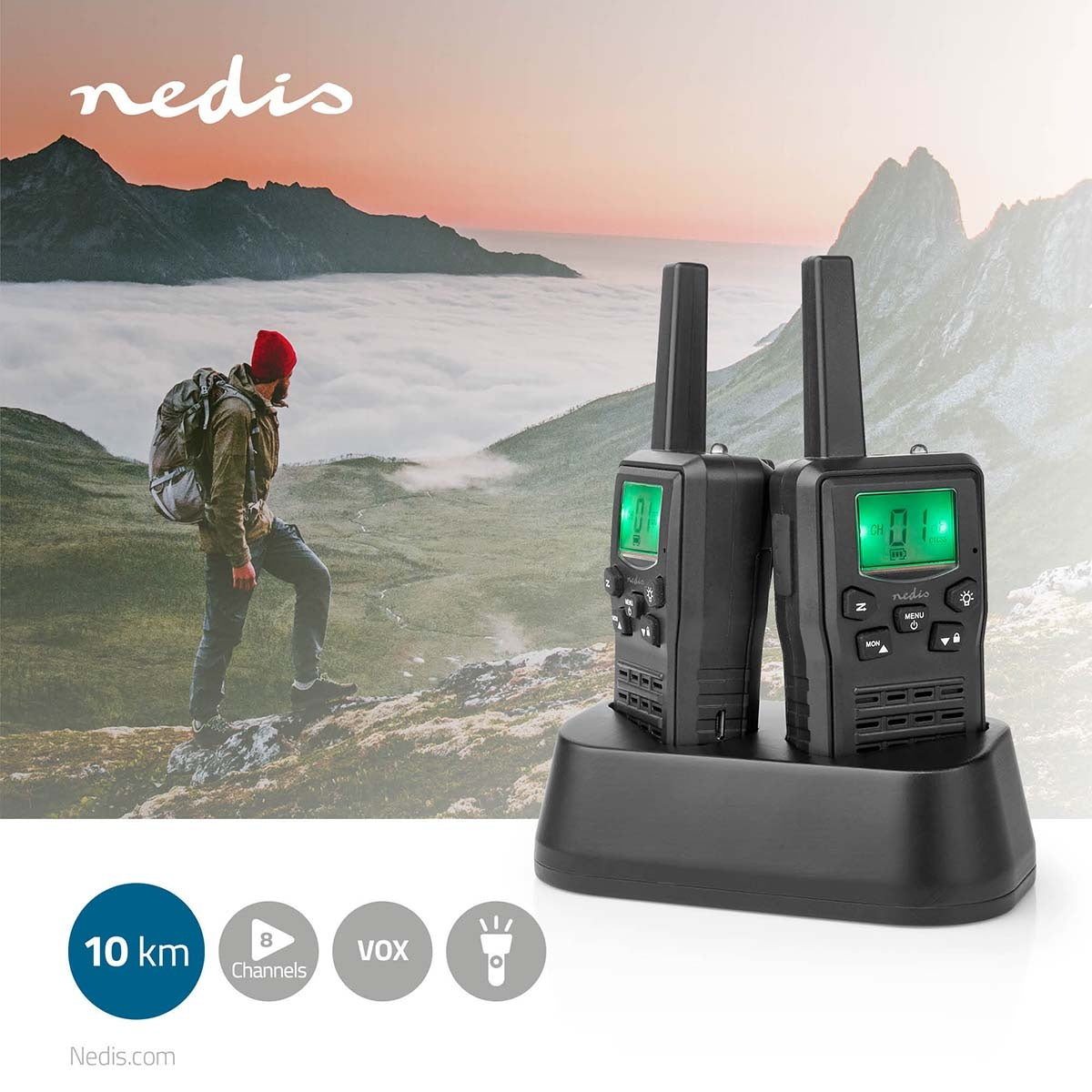 Walkie Talkie Set | 2 handsets | Up to 10 km | Frequency channels: 8 | PTT / VOX | Up to 6 hours | Charging base included | Headphone jack | Black