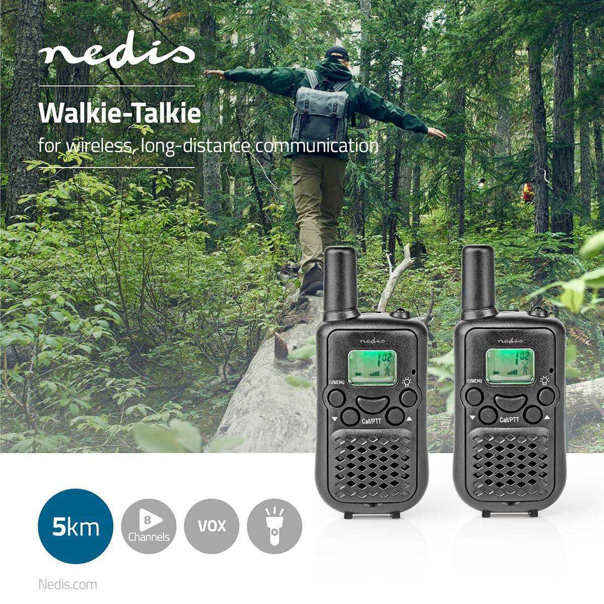 Walkie Talkie Set | 2 handsets | Up to 5 km | Frequency channels: 8 | PTT / VOX | Up to 2.5 hours | Black