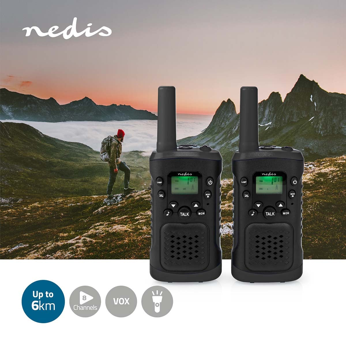 Walkie Talkie Set | 2 handsets | Up to 6 km | Frequency channels: 8 | PTT / VOX | Up to 3 hours | Headphone jack | 2 Headset | Black