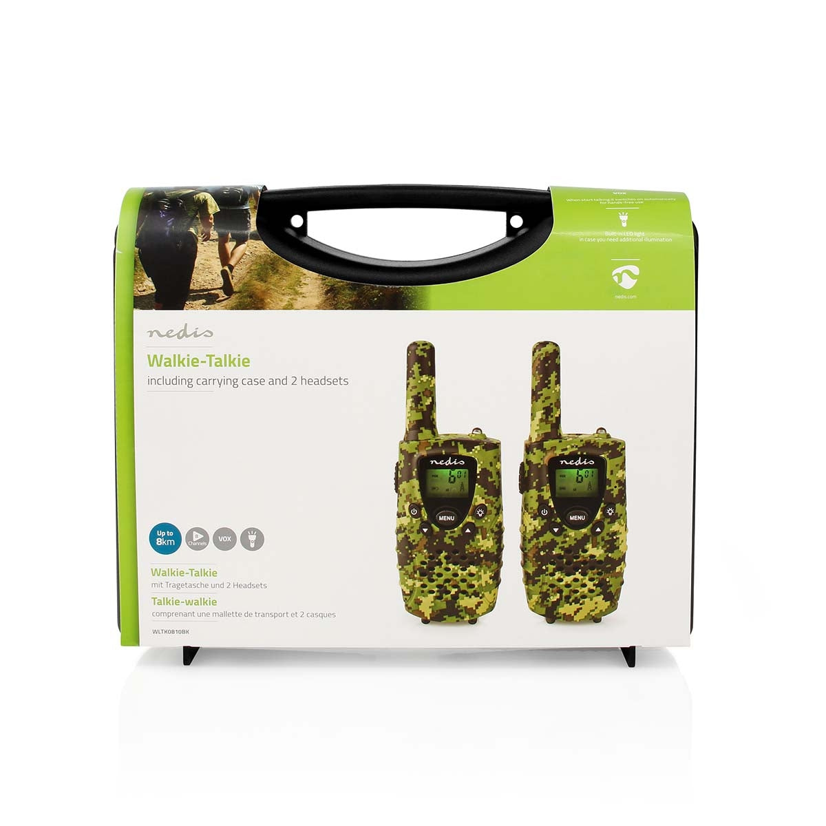 Walkie Talkie Set | 2 handsets | Up to 8 km | Frequency channels: 8 | PTT / VOX | Up to 2.5 hours | Headphone jack | 2 Headset | Suitcase included | Green