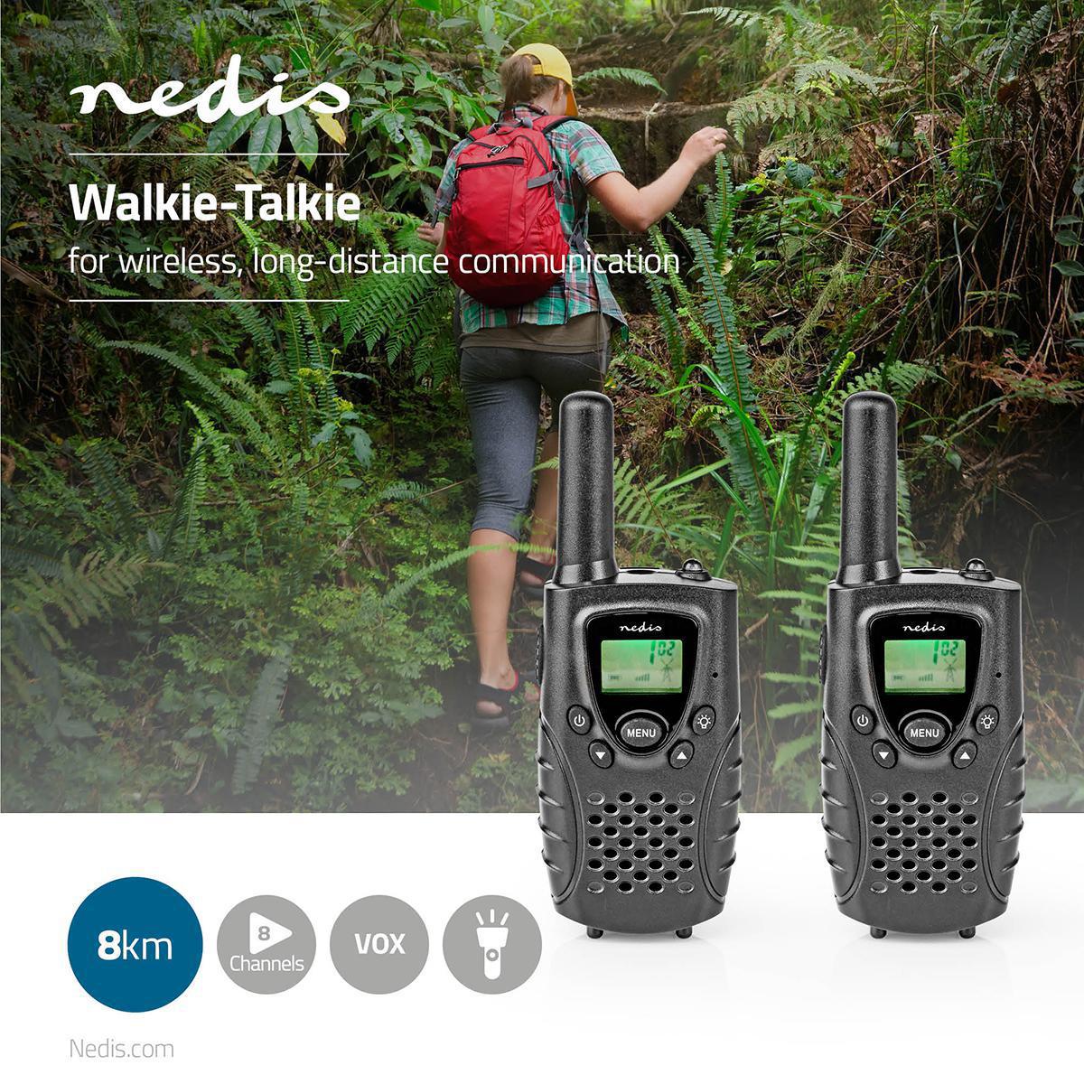 Walkie Talkie Set | 2 handsets | Up to 8 km | Frequency channels: 8 | PTT / VOX | Up to 2.5 hours | Headphone jack | Black