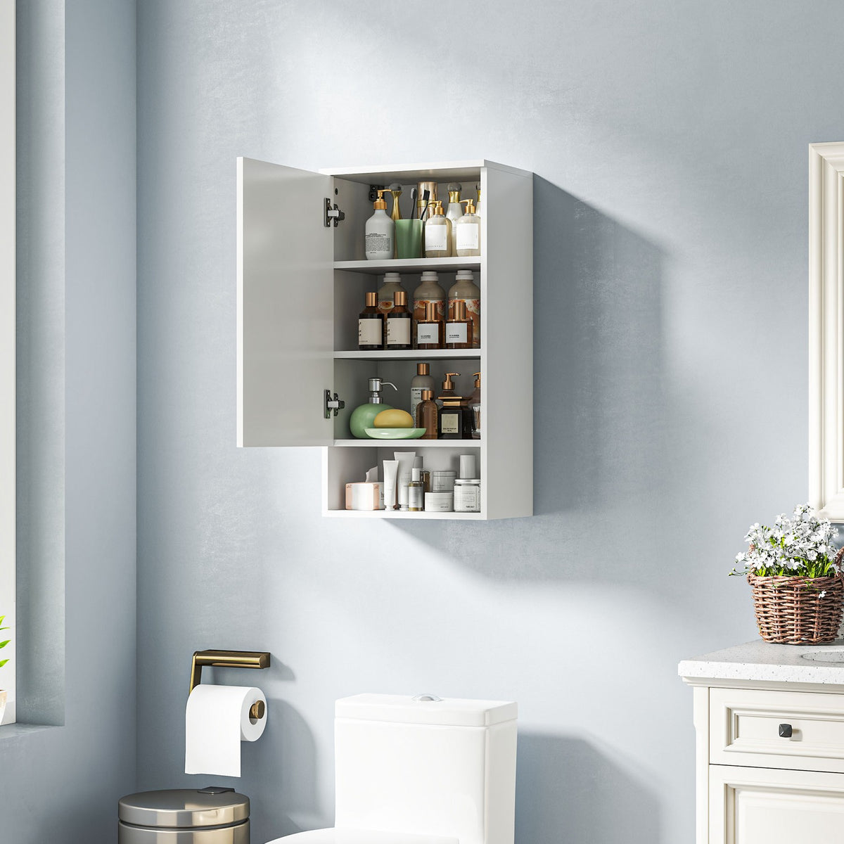 Wall Cabinet Wall Cabinet with Doors, Bathroom Cabinet, Kitchen Cabinet with Adjustable Shelves, Open Compartment, Medicine Cabinet Wall Mounted White 40 x 27 x 77 cm