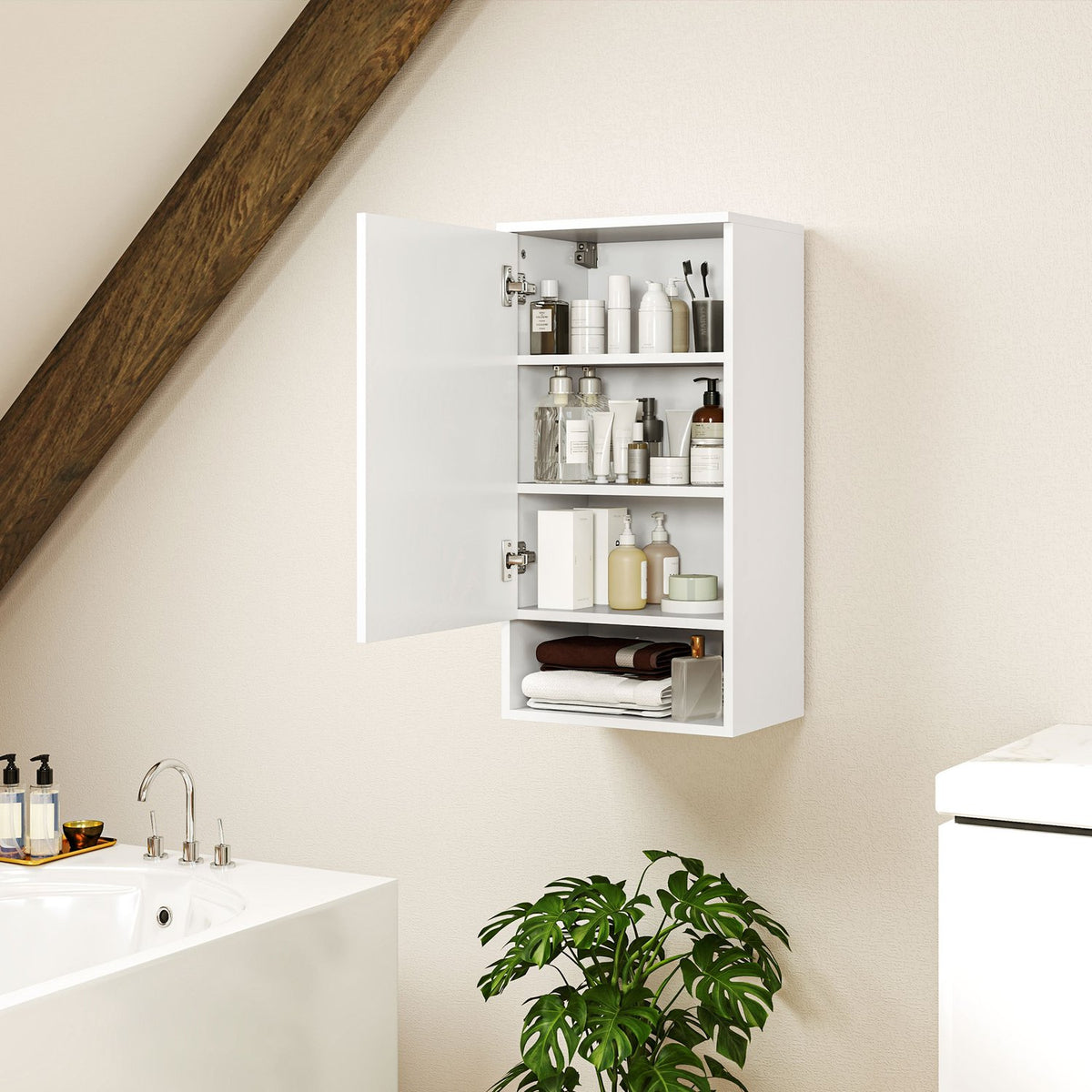 Wall Cabinet Wall Cabinet with Doors, Bathroom Cabinet, Kitchen Cabinet with Adjustable Shelves, Open Compartment, Medicine Cabinet Wall Mounted White 40 x 27 x 77 cm