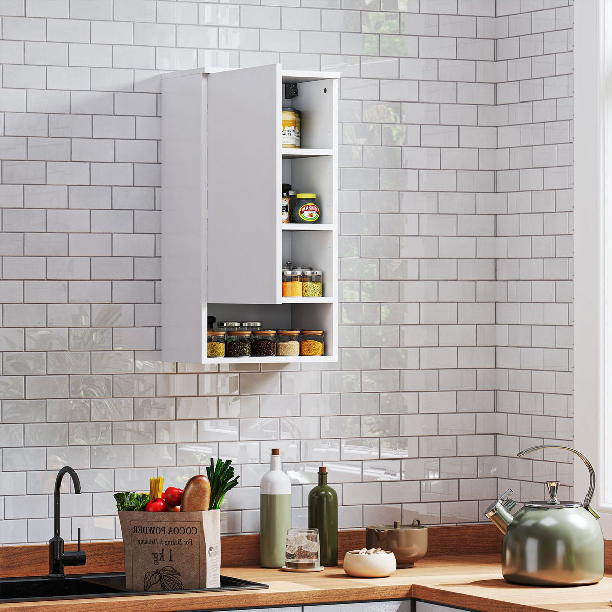 Wall Cabinet Wall Cabinet with Doors, Bathroom Cabinet, Kitchen Cabinet with Adjustable Shelves, Open Compartment, Medicine Cabinet Wall Mounted White 40 x 27 x 77 cm