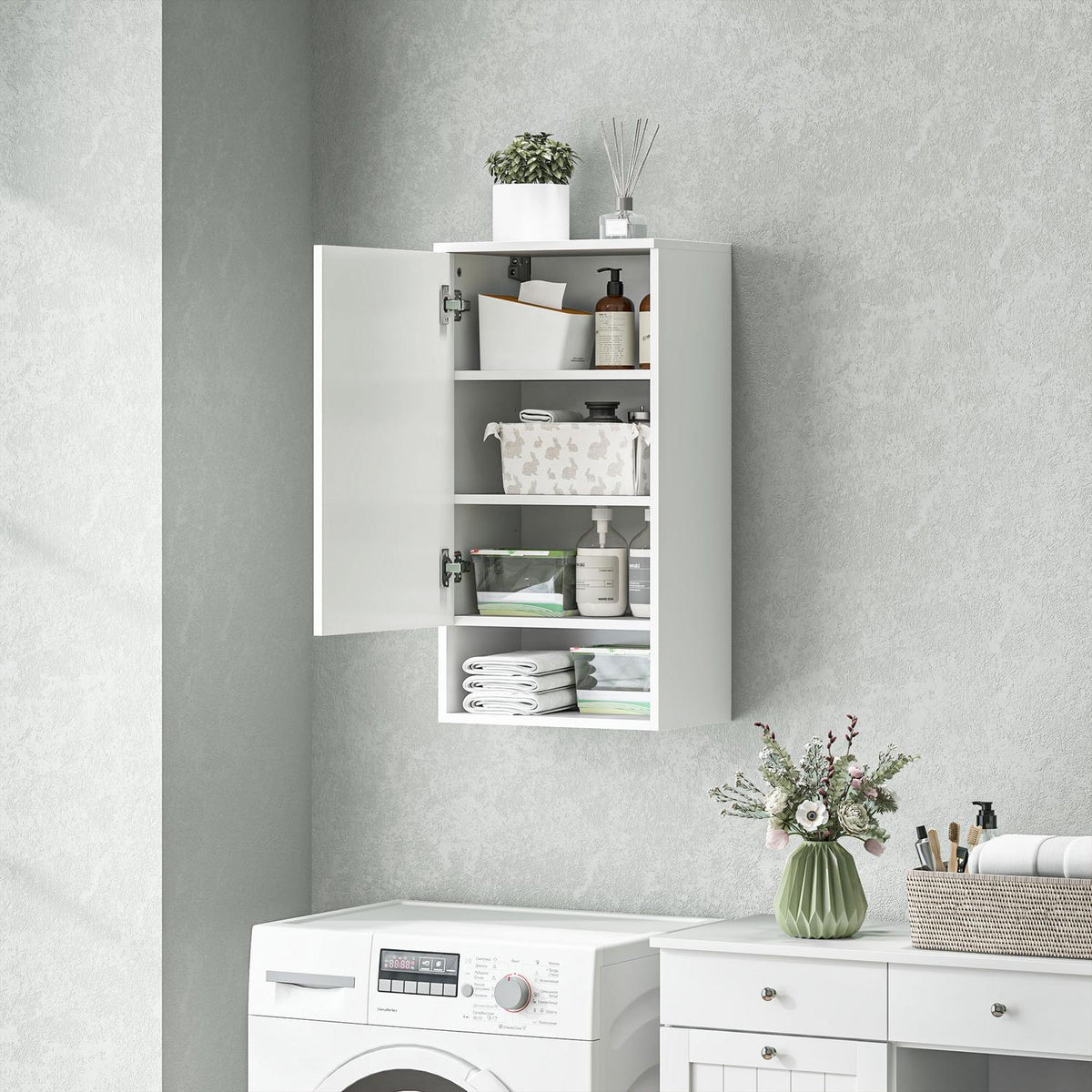 Wall Cabinet Wall Cabinet with Doors, Bathroom Cabinet, Kitchen Cabinet with Adjustable Shelves, Open Compartment, Medicine Cabinet Wall Mounted White 40 x 27 x 77 cm