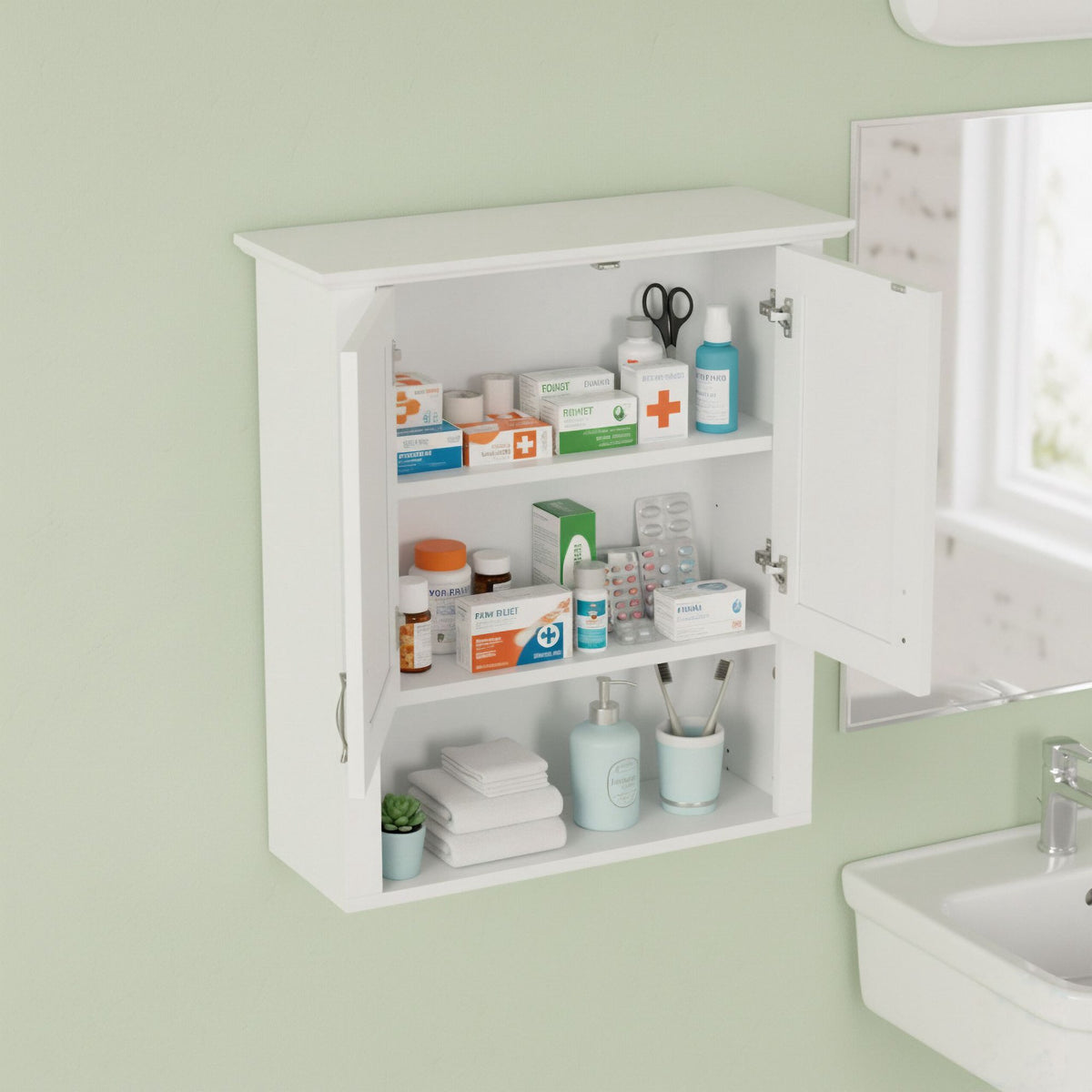 Wall Cabinet with 3 Compartments for Bathroom or Kitchen