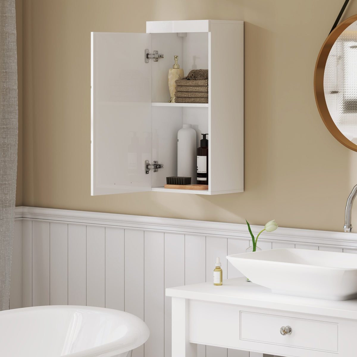 Wall Cabinet with Door, Bathroom Cabinet, Kitchen Cabinet with 2 Levels, Wall Mounted Medicine Cabinet White 37.2 x 24.5 x 76.8 cm