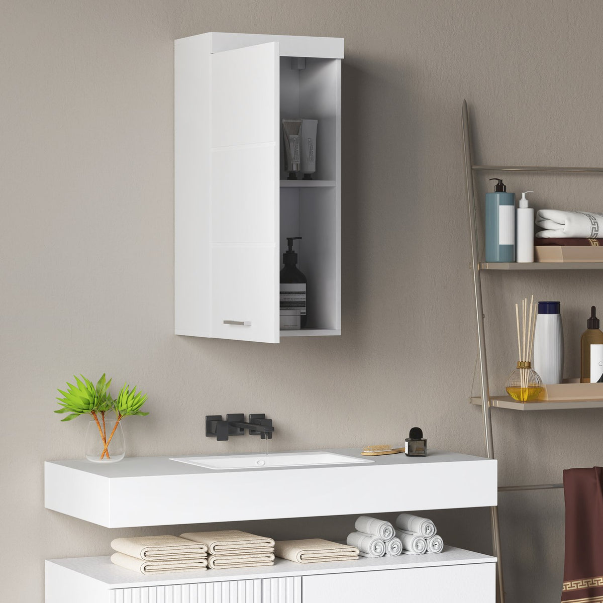 Wall Cabinet with Door, Bathroom Cabinet, Kitchen Cabinet with 2 Levels, Wall Mounted Medicine Cabinet White 37.2 x 24.5 x 76.8 cm