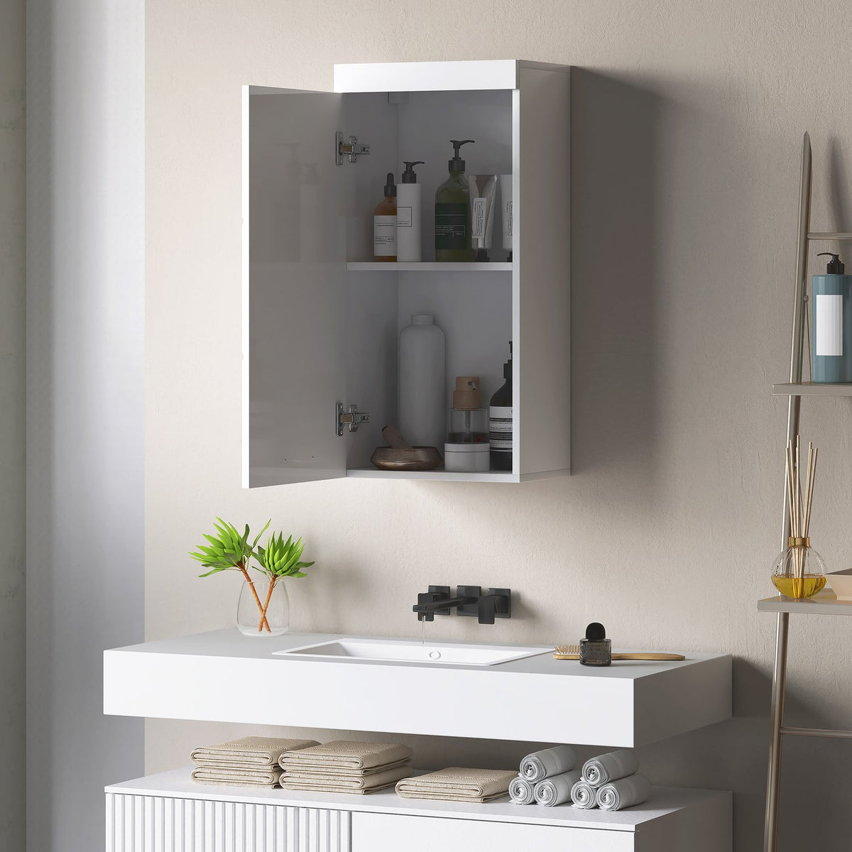 Wall Cabinet with Door, Bathroom Cabinet, Kitchen Cabinet with 2 Levels, Wall Mounted Medicine Cabinet White 37.2 x 24.5 x 76.8 cm