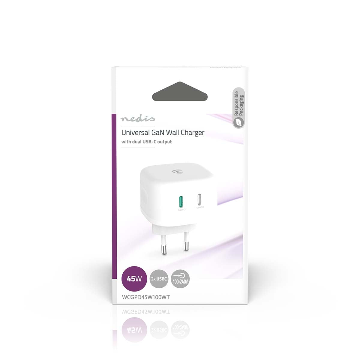 Wall Charger | 45 W| GaN | Fast charging function | 2.25 A / 3.0 A | Number of outputs: 2 | 2x USB-C™ | Automatic selection of Voltage