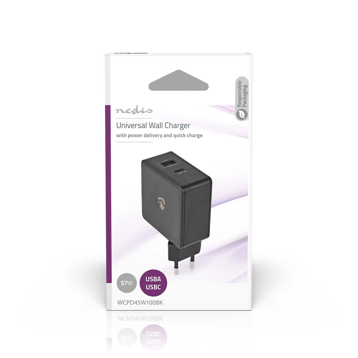 Wall Charger | 57 W| Fast charging function | 2.25 A / 2.4 / 3.0 A | Number of outputs: 2 | USB-A / USB-C™ | Without cable | Automatic selection of Voltage