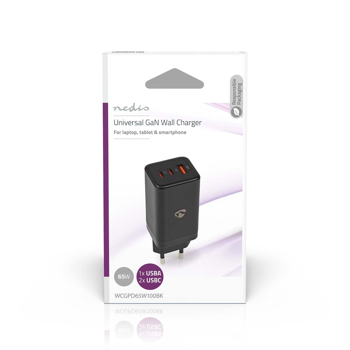 Wall Charger | 65 W| GaN | Fast charging function | 3.0 / 3.25 A A | Number of outputs: 3 | USB-A / 2x USB-C™ | Automatic selection of Voltage