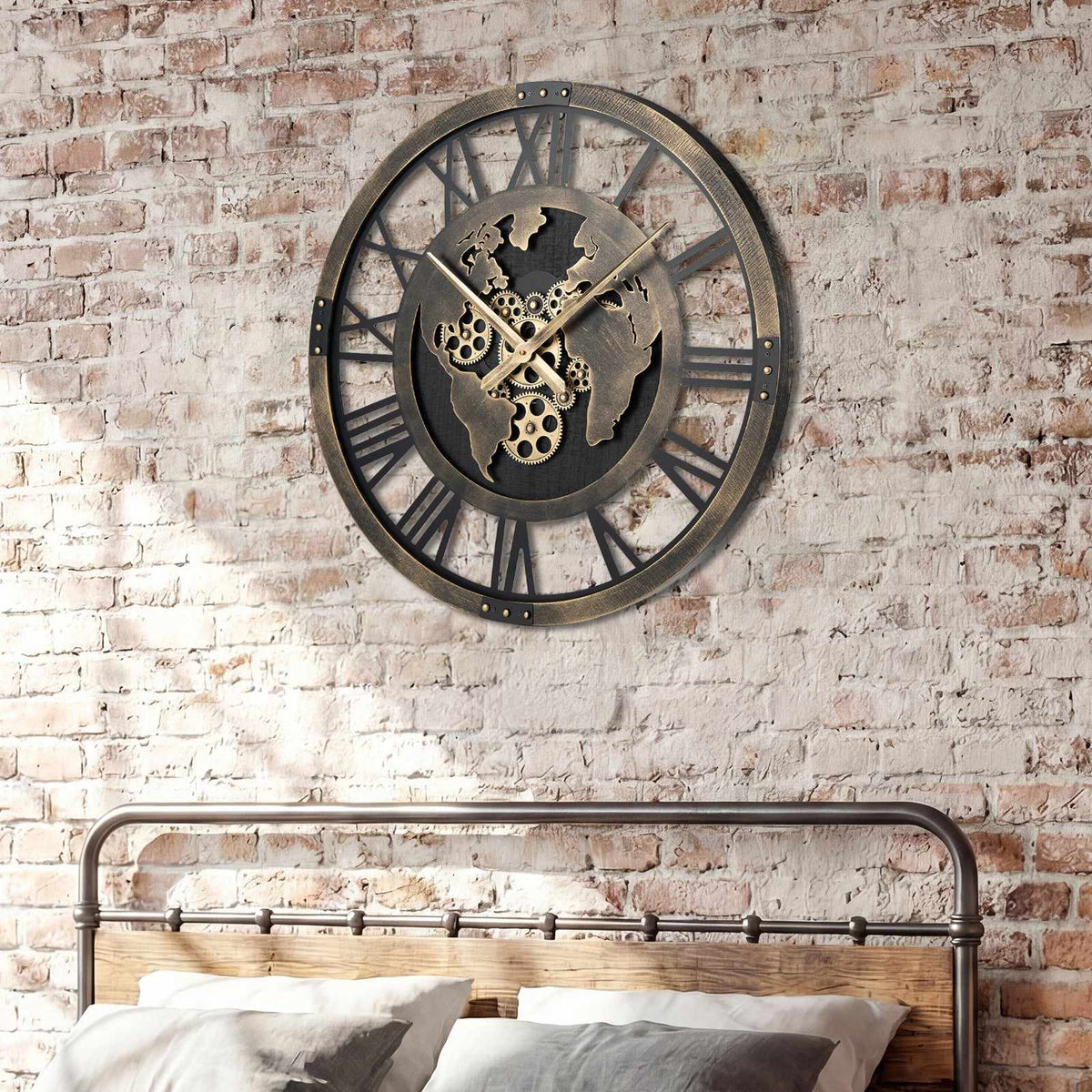Wall Clock, 27-Inch Gear World Map, Non-Ticking Quartz