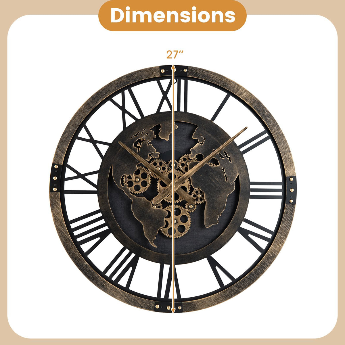Wall Clock, 27-Inch Gear World Map, Non-Ticking Quartz