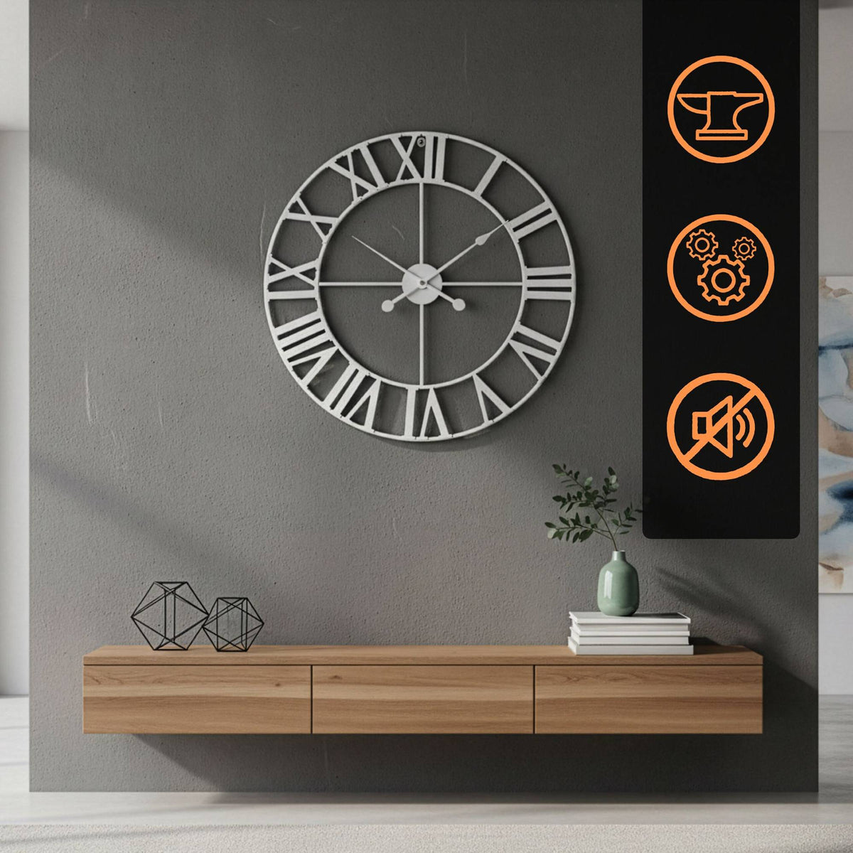 Wall Clock, Roman Numerals, 60 cm Diameter