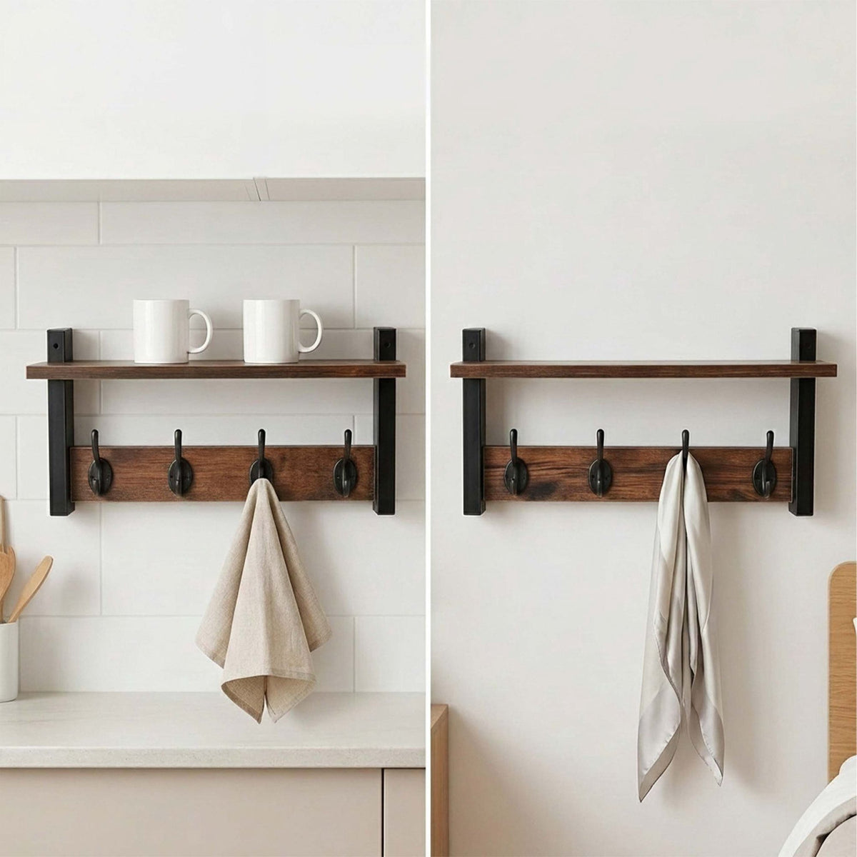 Wall Coat Rack Set of 2, Brown MDF and Iron