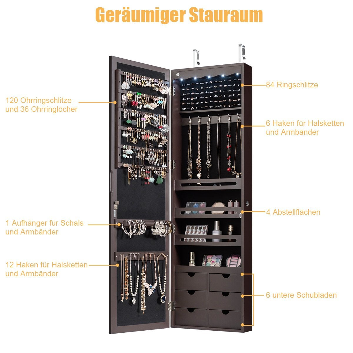 Wall/Door Jewelry Cabinet with Mirror, LED Lights, Lock