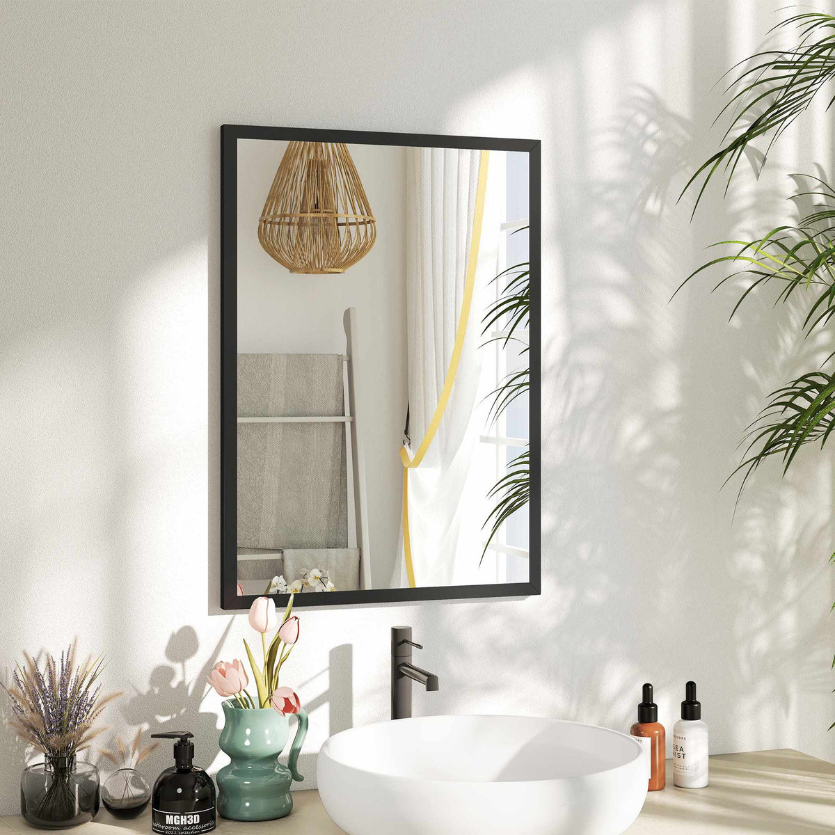Wall Mirror, 50x70 cm, Black MDF Frame, Easy Mounting