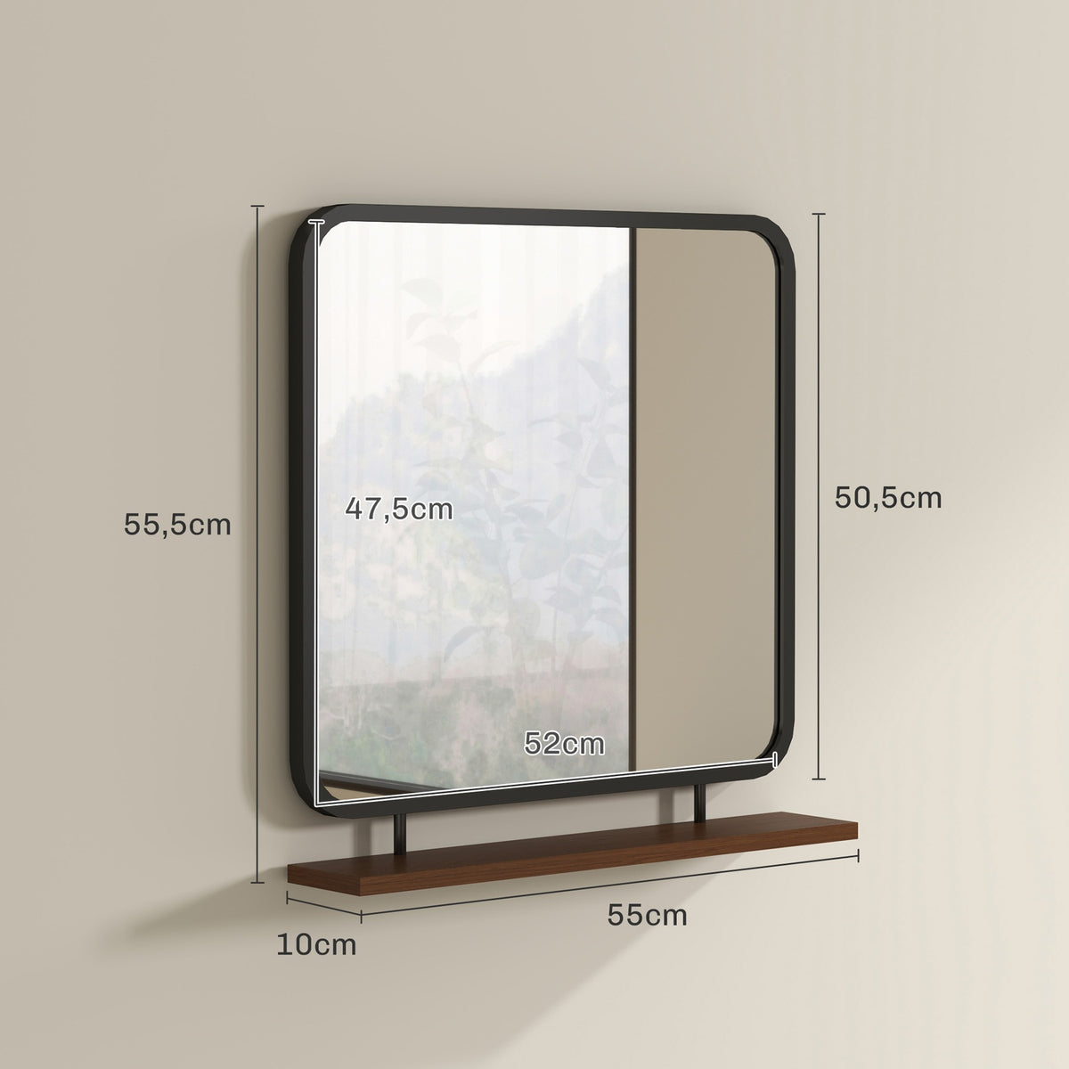 Wall Mirror 55 x 55.5 cm Hallway Mirror with Wooden Shelf Rectangular Mirror Decorative Mirror for Bedroom Bathroom Black