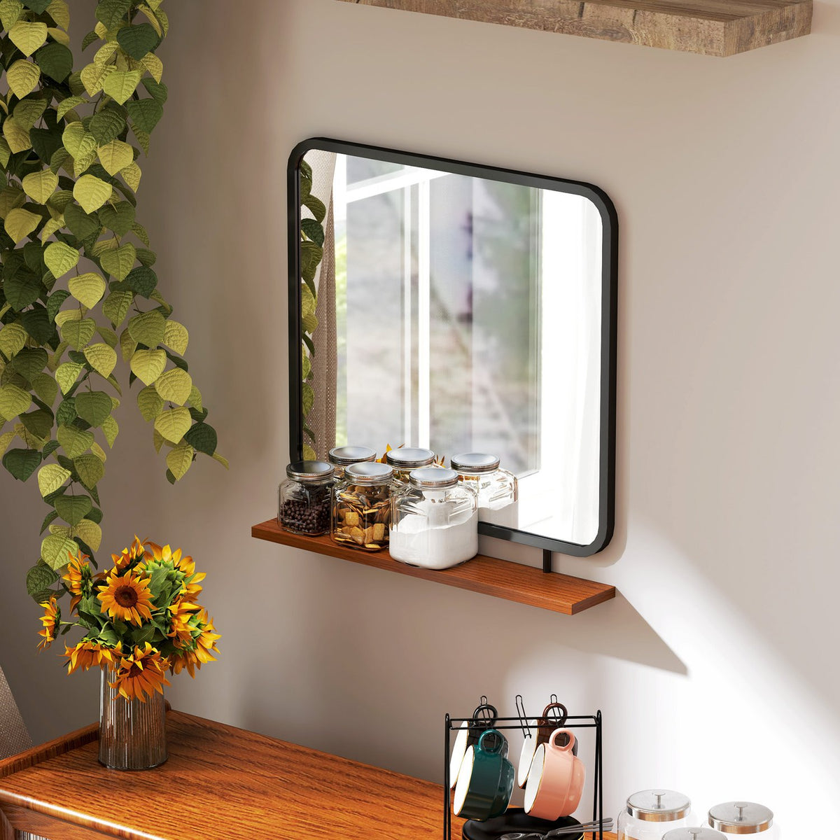 Wall Mirror 55 x 55.5 cm Hallway Mirror with Wooden Shelf Rectangular Mirror Decorative Mirror for Bedroom Bathroom Black