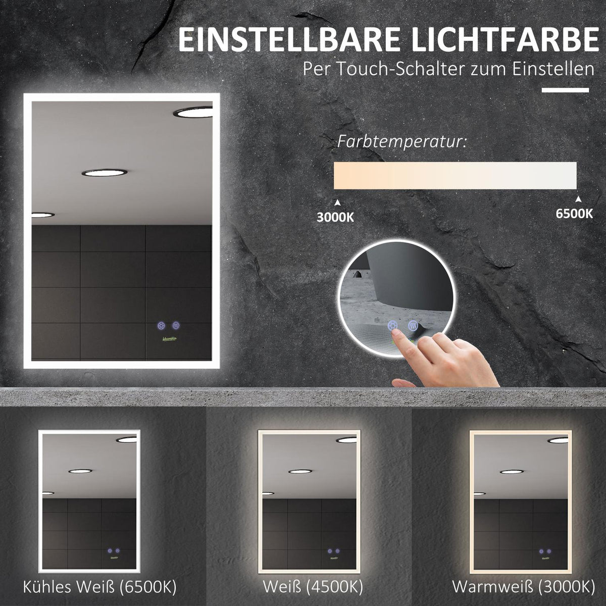 Wall Mirror Bathroom Mirror With Led Lighting And Anti-Fog Function, Ip44 Waterproof, Aluminum Alloy