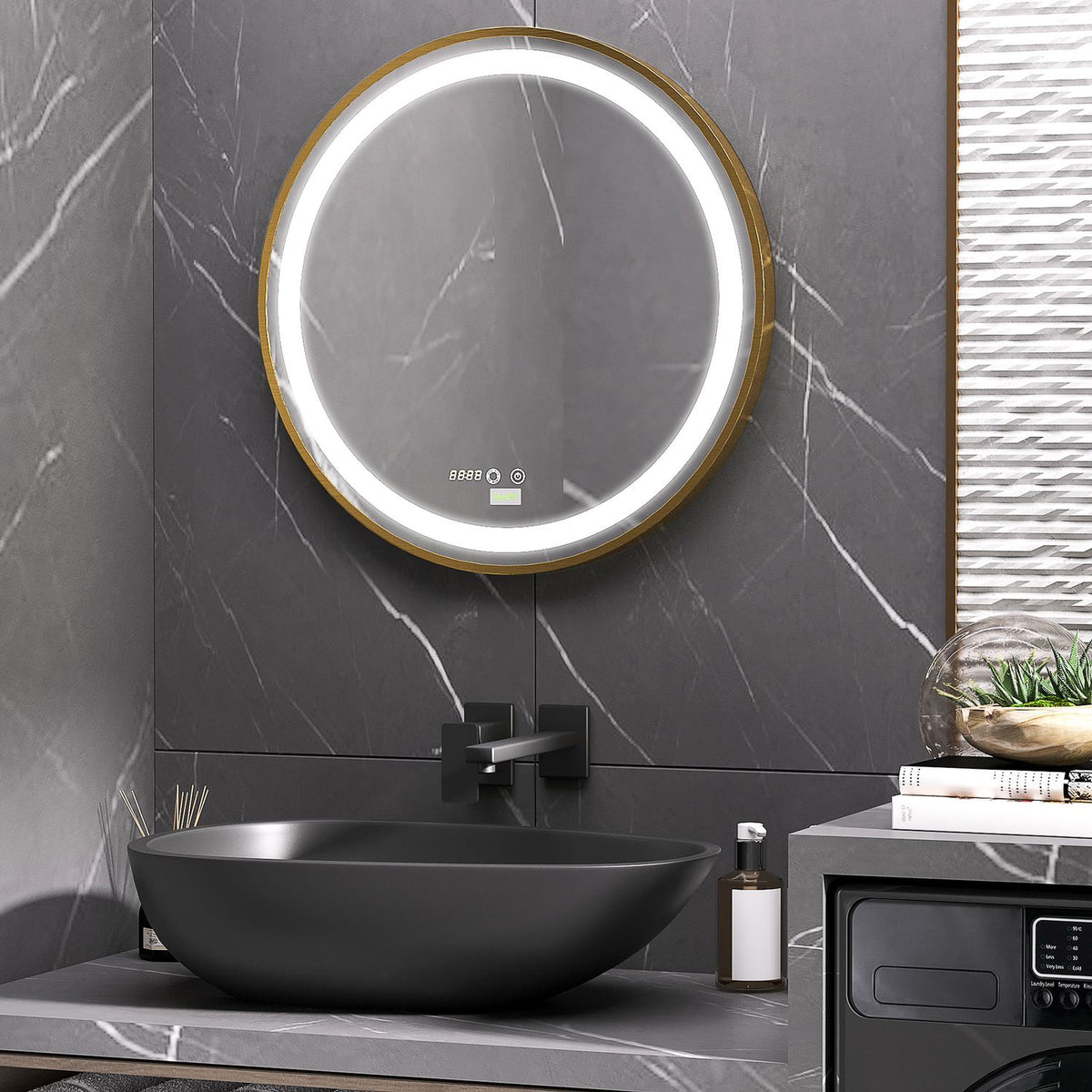 Wall Mirror Dimmable Bathroom Mirror With Led Light, Memory Function And Time Display, Ip44, Aluminum Alloy, 60X60Cm
