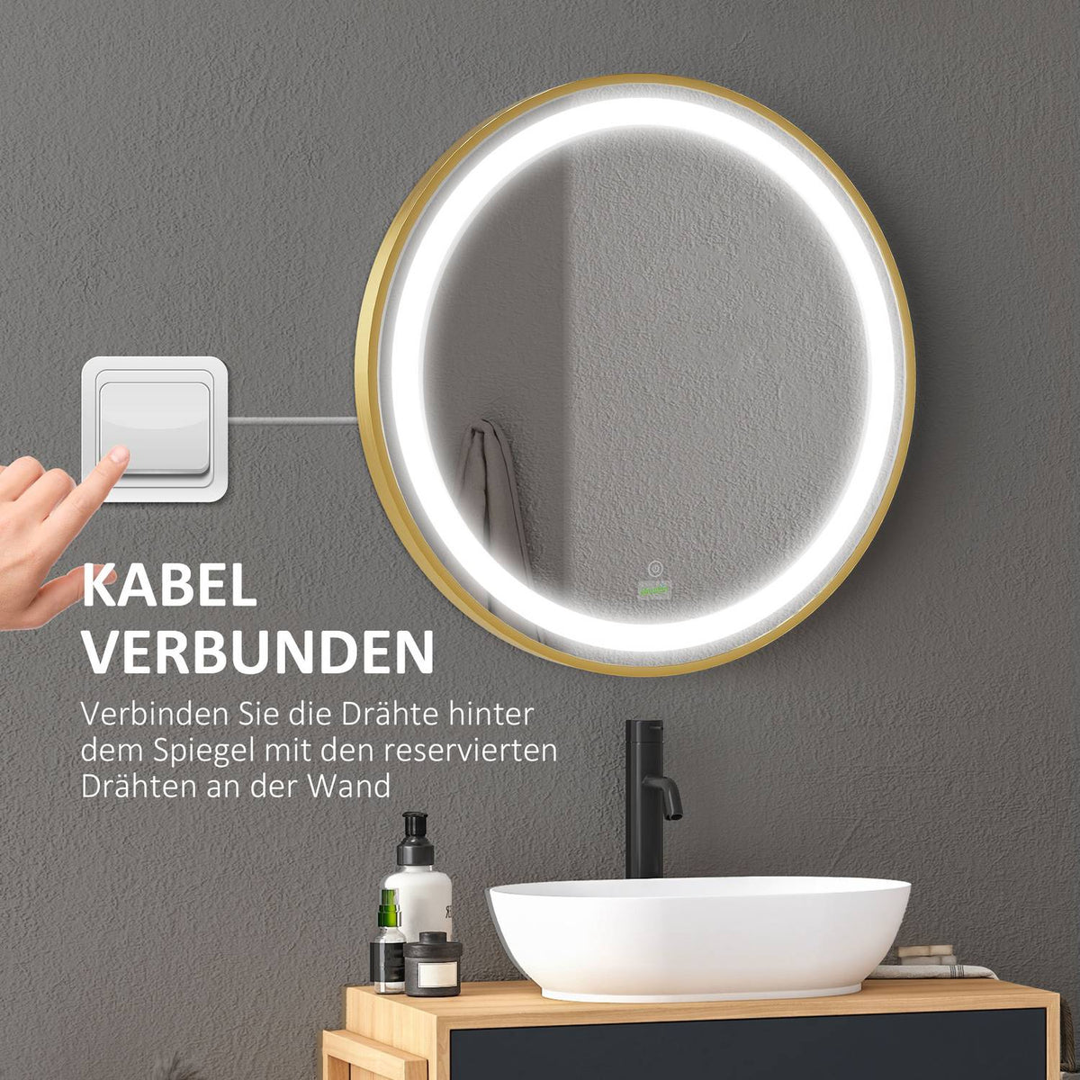 Wall Mirror Dimmable Bathroom Mirror With Led Light, Memory Function And Time Display, Ip44, Aluminum Alloy, 60X60Cm